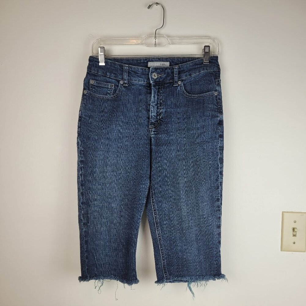 Chico's Platinum dark denim modified jeans bermuda long shorts raw hem midrise 4